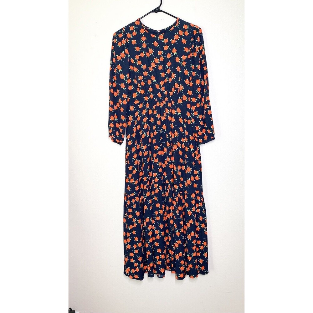 J. Crew Factory Navy Midi Dress with Orange Floral Print
